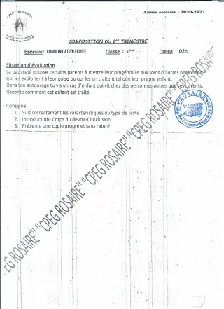 Première page de Français 5e — Composition, 1er trimestre (2020-2021) · CPEG ROSAIRE