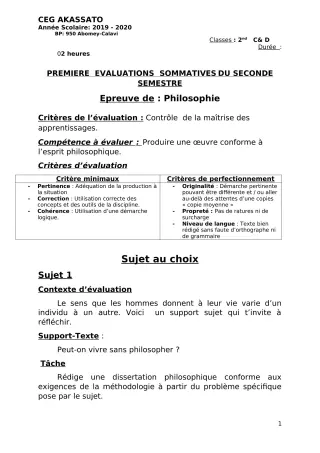 Première page de Philosophie 2nde C, 2nde D — 1re évaluation sommative, 2e semestre (2019-2020) · CEG Akassato