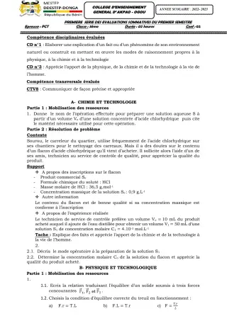 Première page de PCT 3e — 1re évaluation sommative, 1er semestre (2022-2023) · CEG Akpao-Ogou
