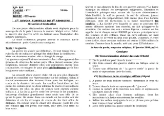 Première page de Français 3e ML — 1er devoir surveillé, 1er semestre (2018-2019) · LJF-B/A