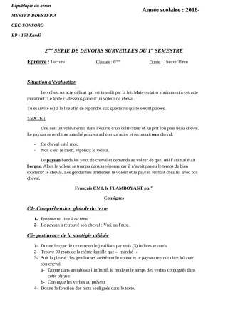 Première page de Français 6e — 2e devoir surveillé, 1er semestre (2018-2019) · CEG SONSORO