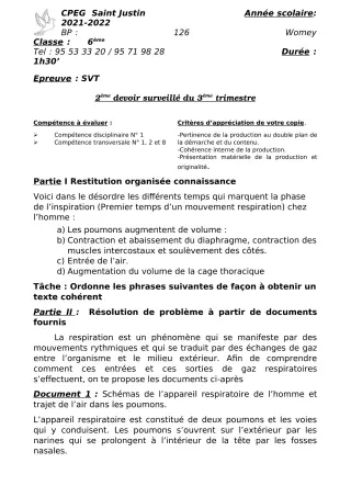 Première page de SVT 6e, 5e, 1ère A2, 1ère B, 1ère D — 2e devoir surveillé, 3e trimestre (2021-2022) · CPEG SAINT Justin