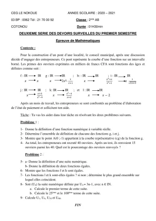 Première page de Mathématiques 2nde A1, 2nde A2, 2nde B — 2e devoir surveillé, 1er semestre (2020-2021) · CEG LE NOKOUE