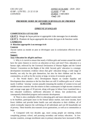 Première page de Anglais 1ère A2, 1ère B — 1er devoir surveillé, 1er semestre (2020-2021) · CEG du Lac