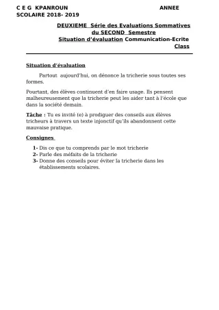 Première page de Français 6e, 5e, 4e, 4e ML, 3e, 3e ML — 2e évaluation sommative, 2e semestre (2018-2019) · CEG Kpanroun