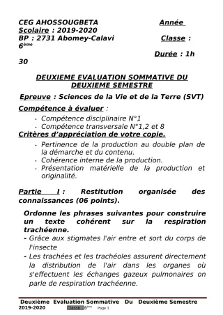 Première page de SVT 6e — 2e évaluation sommative, 2e semestre (2019-2020) · CEG Ahossougbéta