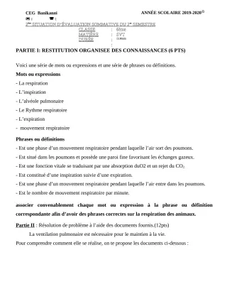 Première page de SVT 6e, 5e, 2nde A2, 2nde B, 2nde C, 2nde D, 1ère A2, 1ère B, Tle C, Tle D — Évaluation sommative (2019-2020) · CEG Banikanni
