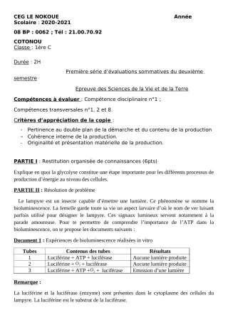 Première page de SVT 1ère C — Évaluation sommative, 2e semestre (2020-2021) · CEG LE NOKOUE