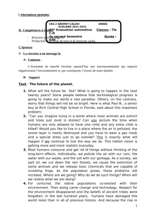 Première page de Anglais Tle C — 2e évaluation sommative (2021-2022) · CEG2 ABOMEY - CALAVI (CEG ZOCA)