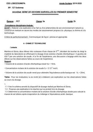 Première page de PCT 3e — 2e devoir surveillé, 1er semestre (2019-2020) · CEG Lobozounkpa