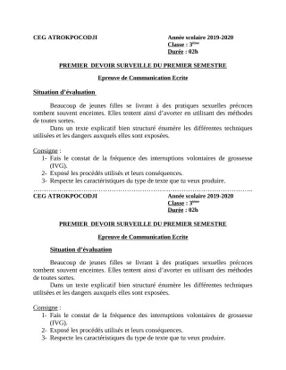 Première page de Français 3e, 3e ML — 1er devoir surveillé, 1er semestre (2019-2020) · CEG ATROKPOCODJI
