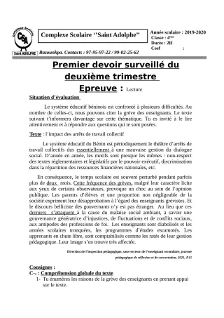 Première page de Français 6e, 5e, 4e, 4e ML, 3e, 3e ML — 1er devoir surveillé, 2e trimestre (2019-2020) · CPEG Saint Adolphe