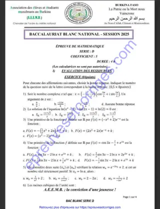 Première page de Épreuve BAC blanc national 2025 mathématiques série d burkina fasso