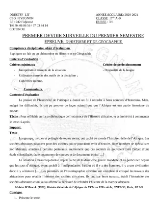 Première page de Histoire-Géographie 2nde A2, 2nde B — 1er devoir surveillé, 1er semestre (2020-2021) · CEG FIYEGNON