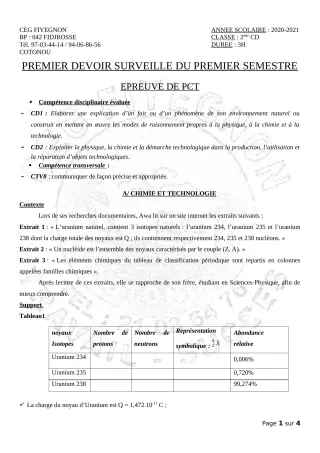 Première page de PCT 2nde C, 2nde D — 1er devoir surveillé, 1er semestre (2020-2021) · CEG FIYEGNON