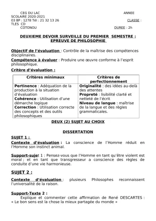 Première page de Philosophie Tle C, Tle D — 2e devoir surveillé, 1er semestre (2020-2021) · CEG du Lac