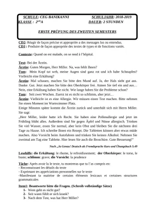 Première page de Devoir surveillé de ALLEMAND — 2nde A2, 2nde B — CEG Banikanni (2018)