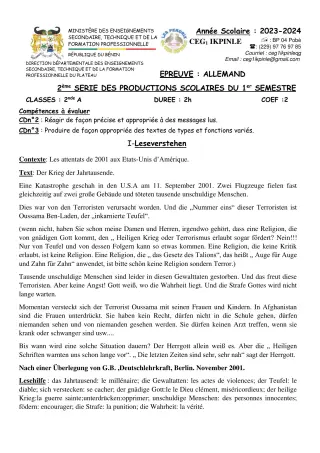 Première page de Allemand 2nde A — 2e production scolaire, 1er semestre (2023-2024) · CEG1 Ikpinlè