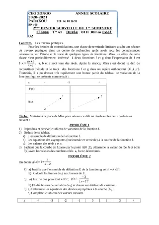 Première page de Mathématiques Tle A1 — 2e devoir surveillé, 1er semestre (2020-2021) · CEG ZONGO