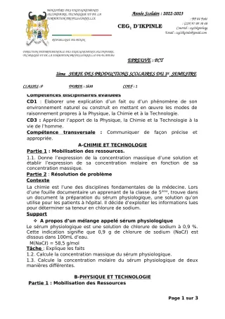 Première page de PCT 5e — 2e production scolaire, 1er semestre (2022-2023) · CEG1 Ikpinlè