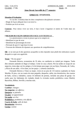 Première page de Espagnol 4e ML, 3e ML — 2e devoir surveillé, 2e semestre (2018-2019) · CEG Galata