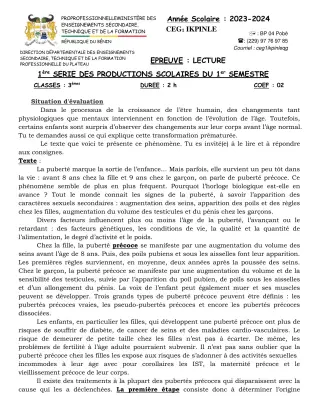 Première page de Français 3e — 1re production scolaire, 1er semestre (2023-2024) · CEG1 Ikpinlè
