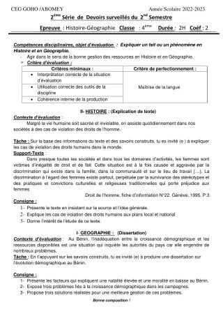 Première page de PCT 4e — Devoir surveillé, 2e semestre (2022-2023) · CEG GOHO