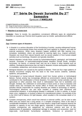 Première page de Anglais 4e ML&MC, 3e, 3e ML, 2nde A, 2nde A & B, 2nde B, 2nde C, 2nde D, 1ère A, 1ère A1, 1ère A2, 1ère B, 1ère C, 1ère D, Tle A1, Tle A2, Tle B, Tle C, Tle D — 1er devoir surveillé, 2e semestre (2019