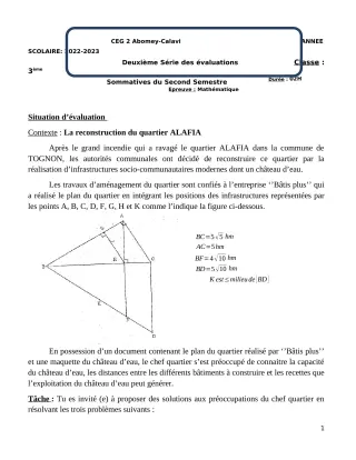 Première page de Mathématiques 3e — 2e évaluation sommative, 2e semestre (2022-2023) · CEG2 ABOMEY - CALAVI (CEG ZOCA)