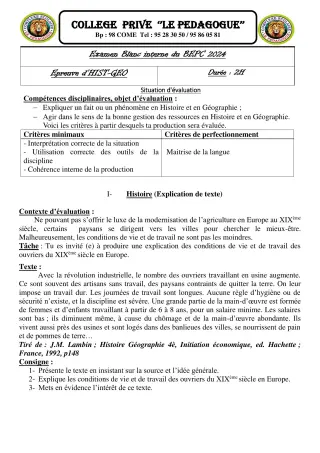 Première page de Examen Blanc de HIST-GEO — 3e — CPEG le PEDAGOGUE (2023)