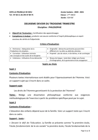 Première page de Philosophie 2nde B, 2nde D — 2e devoir surveillé, 3e trimestre (2020-2021) · CEPG La Prunelle de Dieu