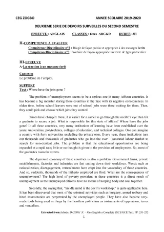 Première page de Anglais 1ère A1, 1ère A2, 1ère B, 1ère C, 1ère D — 2e devoir surveillé, 2e semestre (2019-2020) · CEG ZOGBO