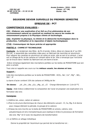 Première page de PCT 4e — 2e devoir surveillé, 1er semestre (2019-2020) · CEG du Lac