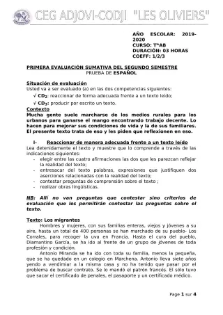 Première page de Espagnol tle b — 2019-2020 · ceg adjovicodji 'les oliviers'