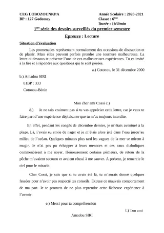 Première page de Français 6e, 5e, 4e, 4e ML, 3e, 3e ML — 1er devoir surveillé, 1er semestre (2020-2021) · CEG Lobozounkpa