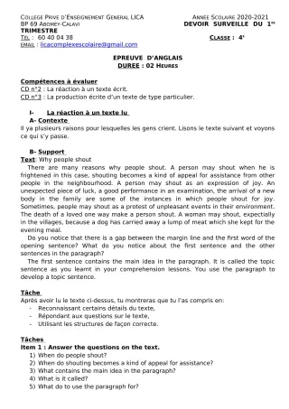 Première page de Anglais 4e — 1er devoir surveillé, 1er trimestre (2020-2021) · CPEG LICA
