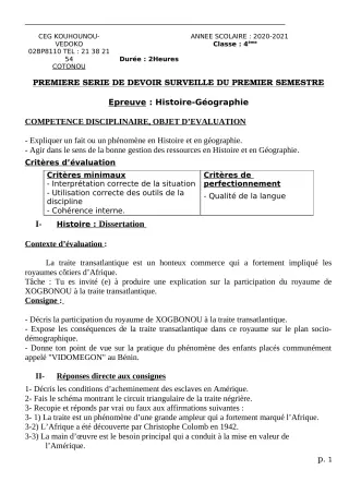 Première page de Histoire-Géographie 4e, 4e ML — 1er devoir surveillé, 1er semestre (2020-2021) · CEG Kouhounou-Vêdoko