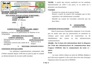 Première page de Histoire-Géographie 1ère A1, 1ère A2 — 2e évaluation sommative (2019-2020) · CEG GBESSOU