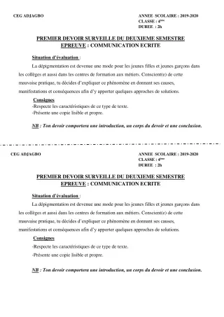 Première page de Français 4e, 4e ML — 1er devoir surveillé, 2e semestre (2019-2020) · CEG ADJAGBO