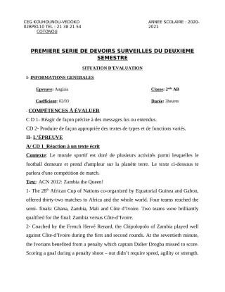 Première page de Anglais 2nde A1, 2nde A2, 2nde B — 1er devoir surveillé, 2e semestre (2020-2021) · CEG Kouhounou-Vêdoko