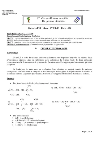 Première page de PCT 1ère C, 1ère D — 1er devoir surveillé, 1er semestre (2018-2019) · CEG Sainte Rita
