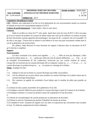 Première page de PCT 5e — 1er devoir surveillé, 1er semestre (2019-2020) · CEG Kaïtèmè