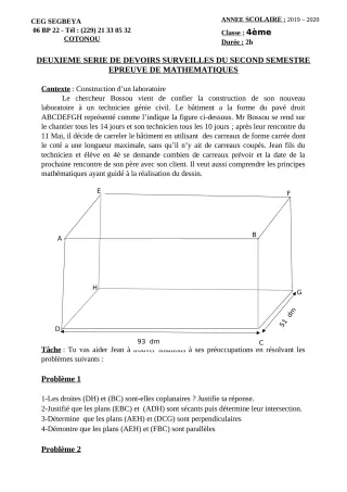 Première page de Mathématiques 4e — 2e devoir surveillé, 2e semestre (2019-2020) · CEG SEGBEYA