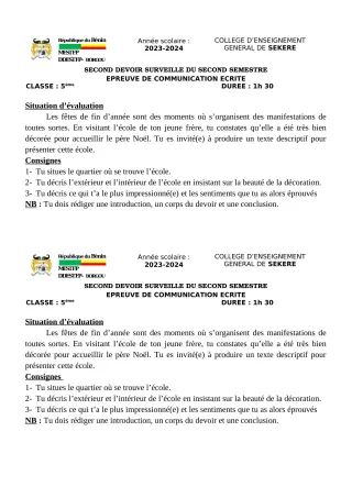 Première page de Français 5e — 2e devoir surveillé, 2e semestre (2023-2024) · CEG SEKERE