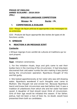 Première page de Devoir surveillé de ANGLAIS — 3e ML — CEG Vèssamè (2018)