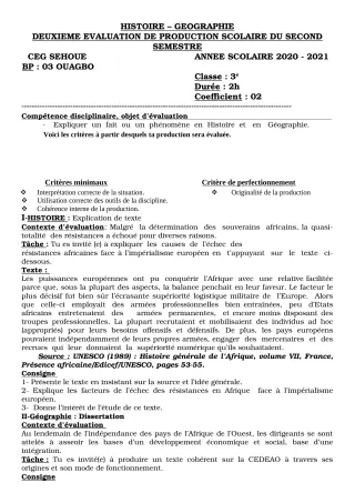 Première page de Histoire-Géographie 3e, 3e ML — 2e production scolaire, 2e semestre (2020-2021) · CEG SEHOUE