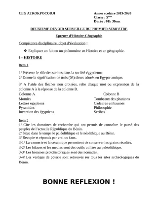 Première page de Histoire-Géographie 5e — 2e devoir surveillé, 1er semestre (2019-2020) · CEG ATROKPOCODJI