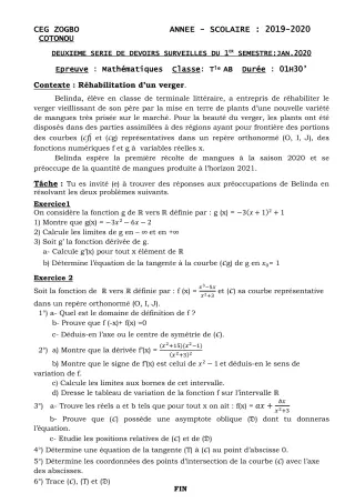 Première page de Mathématiques Tle A1, Tle A2, Tle B — 2e devoir surveillé, 1er semestre (2019-2020) · CEG ZOGBO