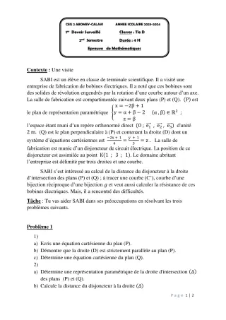 Première page de Mathématiques Tle D — 1er devoir surveillé, 2e semestre (2023-2024) · CEG2 ABOMEY - CALAVI (CEG ZOCA)