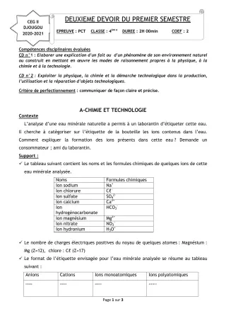 Première page de PCT 4e — 2e devoir surveillé, 1er semestre (2020-2021) · CEG 2 Djougou